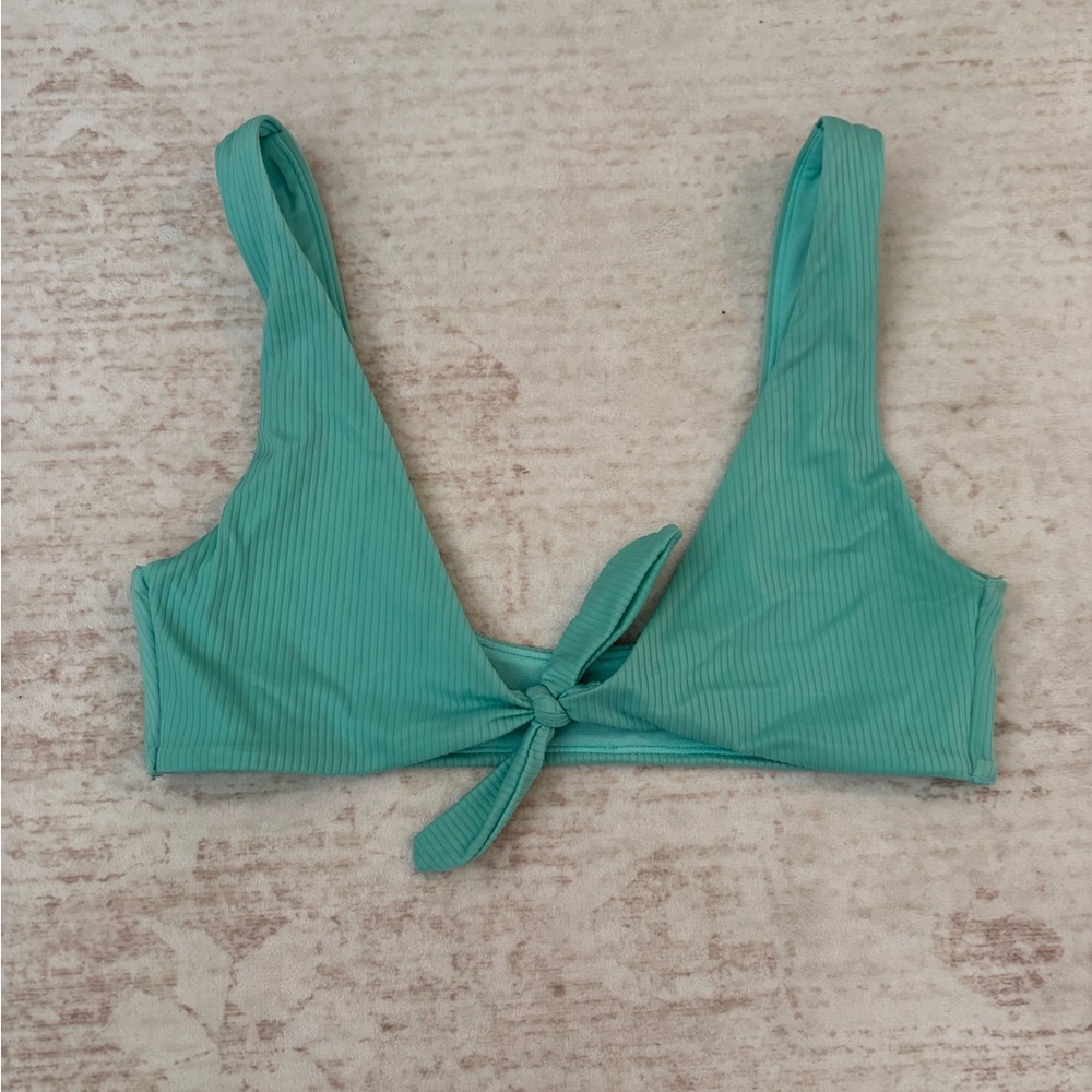 Teal Ribbed Tie-Front Bikini Top